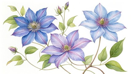 Obraz premium Watercolor painting of three blue clematis flowers isolated on white background
