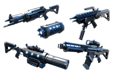 futuristic energy weapons with blue glowing element isolated on white background, png, ai generated