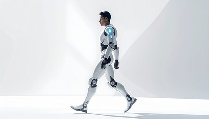 Profile view of a person wearing an advanced bionic suit. A futuristic concept of artificial intelligence and human-machine integration