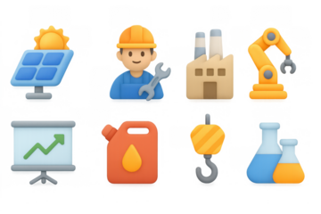 3d industrial and renewable energy icons with worker, tools, and factory elements