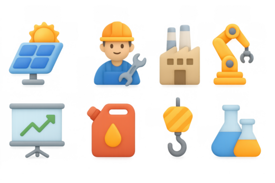 3d industrial and renewable energy icons with worker, tools, and factory elements