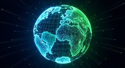 Obraz premium Abstract glowing digital earth globe with interconnected lines and particles representing global data networks and futuristic technology on a dark background