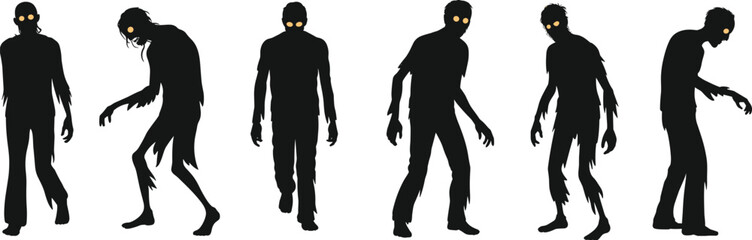 Zombie silhouettes, horror illustration, undead figures, glowing eyes, Halloween theme, creepy poses, dark shadows, scary monsters, eerie design, vector art © Heyyy