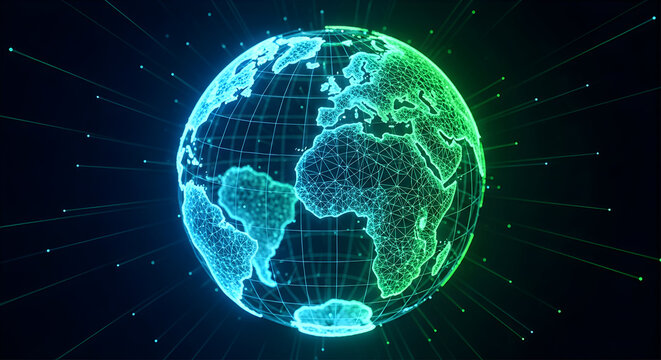 Abstract glowing digital earth globe with interconnected lines and particles representing global data networks and futuristic technology on a dark background