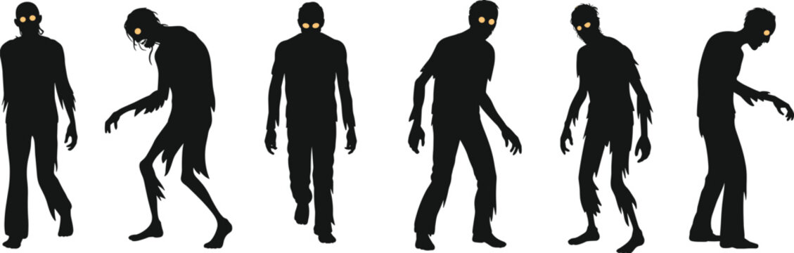 Zombie silhouettes, horror illustration, undead figures, glowing eyes, Halloween theme, creepy poses, dark shadows, scary monsters, eerie design, vector art