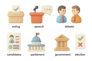 Election icons set featuring voting, debate, and government elements in 3d cartoon style