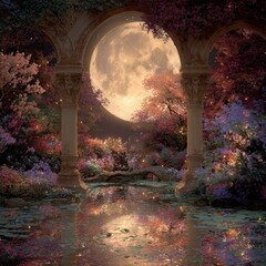 Moonlight garden, arches, serene, colorful