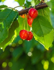 Ripe cherries on a branch, glistening with dew