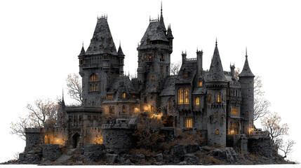 Dramatic gothic castle on rocky outcrop isolated on transparent background