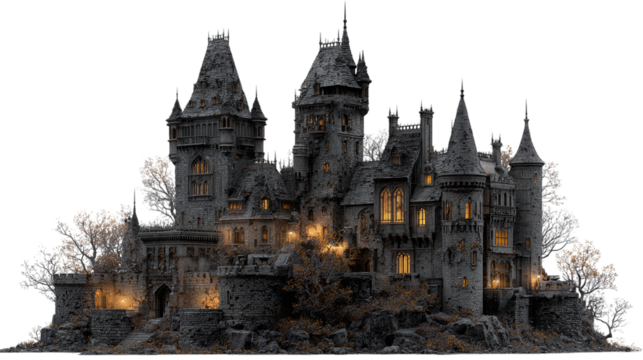 Dramatic gothic castle on rocky outcrop isolated on transparent background