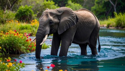 Elephant crossing a river. Lush greenery and colorful flowers surround the animal