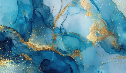 Abstract fluid art with blues, gold, and white