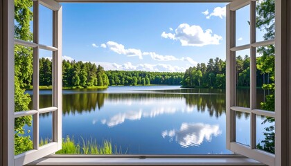 An open window frames a picturesque view of a serene lake, reflecting the sky and surrounding lush forest under a bright blue, cloudy sky © Tri