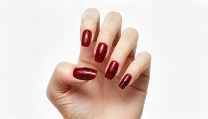 Woman's hand showcasing elegant red nail polish with design patterns  