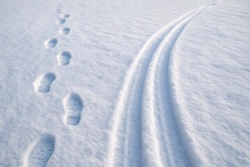 Children's Footprints and Sled Marks on Freshly Fallen Snow