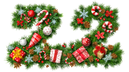 Christmas 2024 numbers made with pine branches candy canes ornaments snowflakes and gift boxes isolated on white background