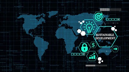 Digital World Map with Sustainable Development Icons and Data Streams global technology