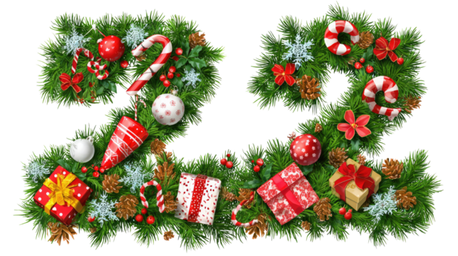 Christmas 2024 numbers made with pine branches candy canes ornaments snowflakes and gift boxes isolated on white background