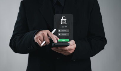 Businessman using smartphone with Face ID login, highlighting digital security, identity verification, password protection, and modern authentication system.
