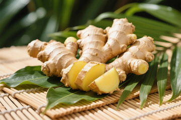 Fresh Ginger Root on Bamboo Mat