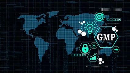 Obraz premium GMP Global Strategy World Map with Icons and Data Streams Blue Digital Concept image photo