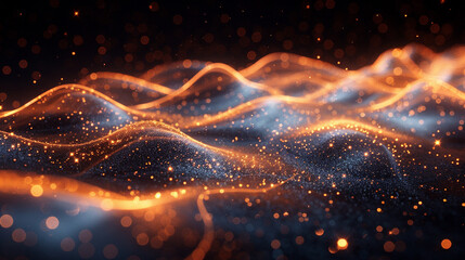 Glowing particle waves flow across dark space with bokeh background