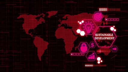 Red Digital World Map with Successful Marketing Icons and Data Streams global technology