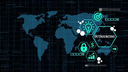 World Map with Outsourcing Icons and Teal Digital Interface global business strategy