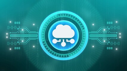 Cloud Computing Icon with Network Connections on Teal Circuit Board Background data
