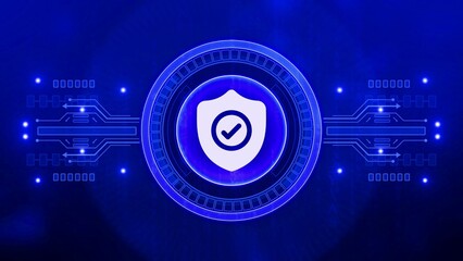 Digital Shield Icon with Check Mark on Blue Circuit Board Background security protection