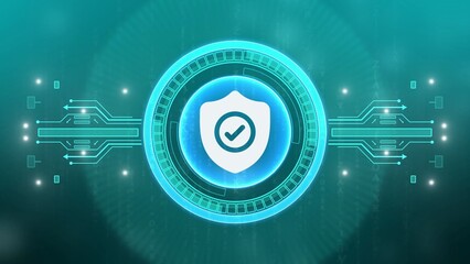 Digital Shield Icon with Checkmark for Protection in Glowing Cyber Network security technology