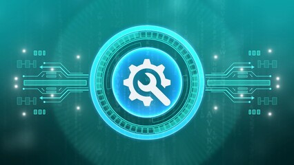 Wrench and Gear Icon for Settings and Repair on Teal Circuit Board Background tools