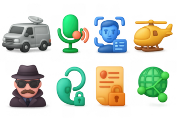 Colorful 3d icons of surveillance, communication, and security elements