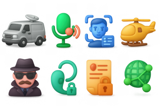 Colorful 3d icons of surveillance, communication, and security elements
