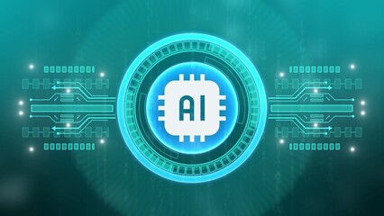Cyan Digital AI Chip Icon with Circuitry and Glowing Lights on Teal Background artificial intelligence