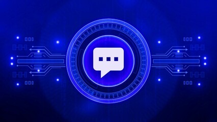 Blue Digital Chat Bubble Icon with Circuitry and Glowing Lights on Dark Blue Background communication