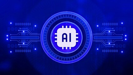Blue Digital AI Chip Icon with Circuitry and Glowing Lights on Dark Blue Background artificial intelligence