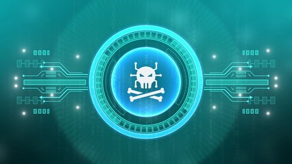 Digital Skull and Crossbones Icon with Circuit Board Connections and Glowing Lights cyber security hacking