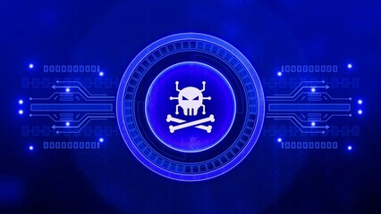 Blue Digital Skull and Crossbones Symbol with Futuristic Circuitry and Light Effects cyber security hacking