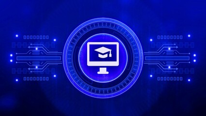 Blue digital interface with computer monitor and graduation cap icon and circuit board elements education