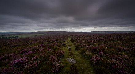 A narrow path winds through a vast moorland covered in vibrant purple heather under a moody, overcast sky.