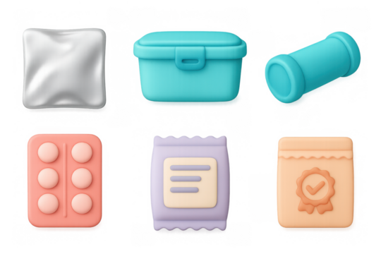 3d render of colorful packaging and containers set on white background