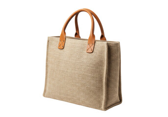 Isolated tote bag made of canvas fabric with leather handle straps for grocery shopping