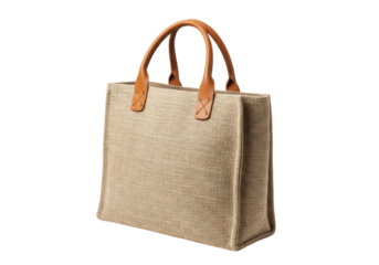 Isolated tote bag made of canvas fabric with leather handle straps for grocery shopping