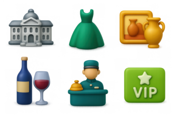 3d icons collection: museum, wine, vip access, dress, concierge