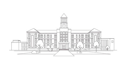 Naklejka premium Outline architectural sketch of large institutional building with clock tower and symmetrical facade representing historic academic architecture.