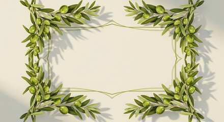 Naklejka premium Elegant vintage frame of green olive branches. Natural Mediterranean-style border for wedding invitations or organic product labels on a soft background.