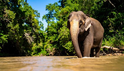 Elephant in a river, lush jungle background