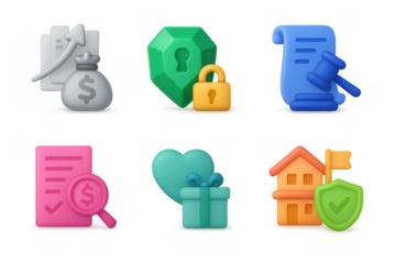 Colorful 3d icons set representing finance, security and legal concepts