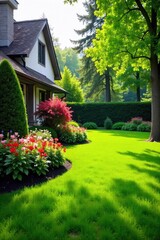 Obraz premium A lush green lawn, vibrant flowerbeds, and mature trees create a tranquil and inviting backyard landscape Perfect for home improvement, real estate, and gardening websites , sunlight, flowers